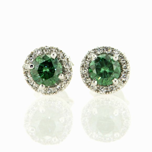 Diamond Halo Earrings Fancy Green Round VS2 0.92 TCW 14K White Gold - Picture 7 of 7